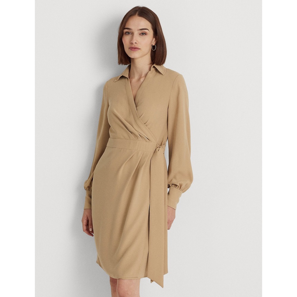 Lauren Ralph Lauren Quiet Luxury Tan Faux Wrap Long Sleeve Shirt Dress Size 12
